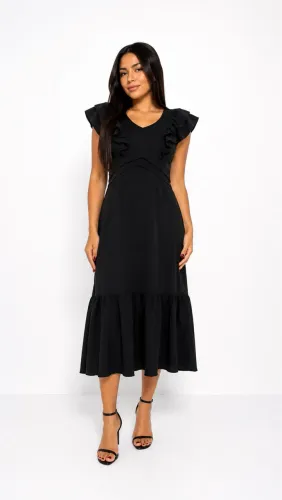 Vestido Midi Preto com Babados