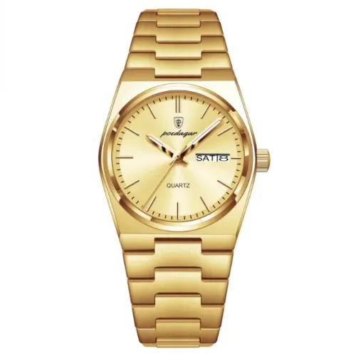 Relógio Poedagar Movimento Quartzo Feminino Social Dourado Pulseira Aço MD786 (Original)