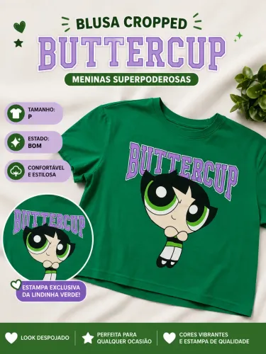 camiseta cropped estampada das Meninas Superpoderosas (Buttercup/Docinho Verde)
