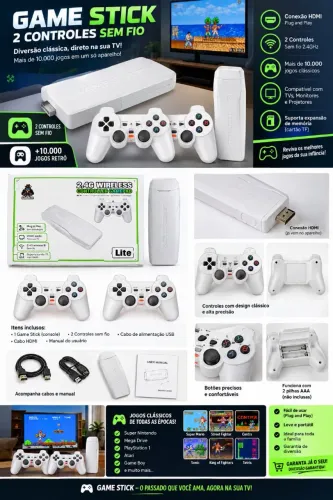 Game stick branco + 2 controles sem fio.