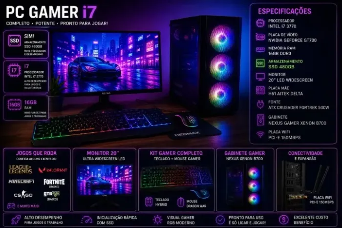 PC GAMER i7 COMPLETO + SSD 480GB + 16GB RAM + MONITOR 20