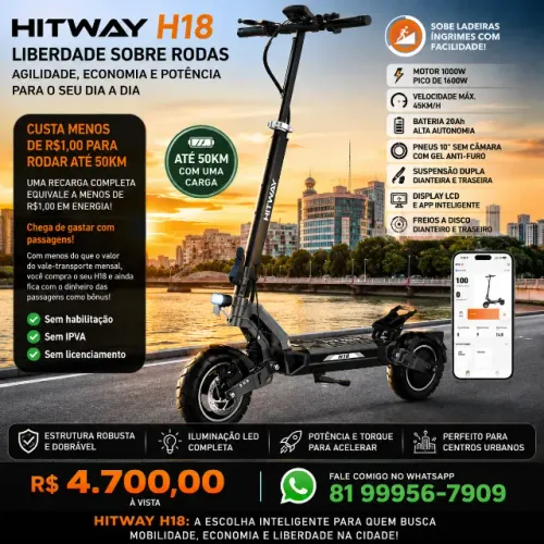 Patinete Elétrico Hitway H18 - 1600W (Pico) | Bateria Gigante | Garantia e Pneu Antifuro