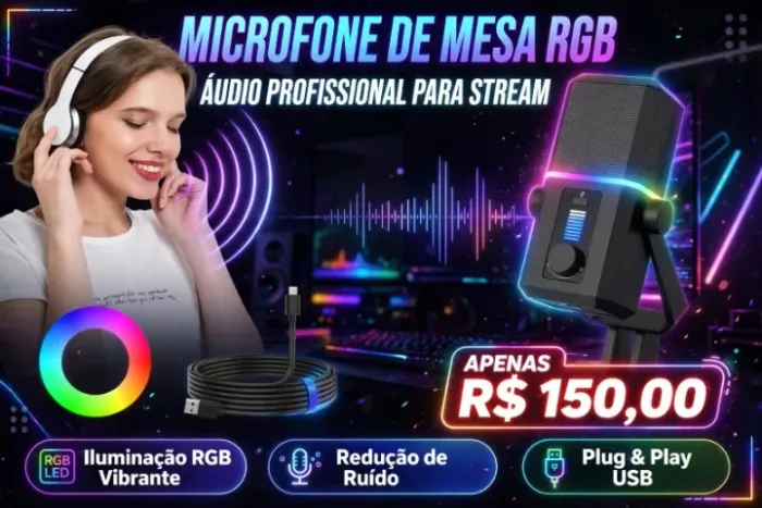 Microfone De Mesa Equipado com efeitos de iluminação RGB vibrantes