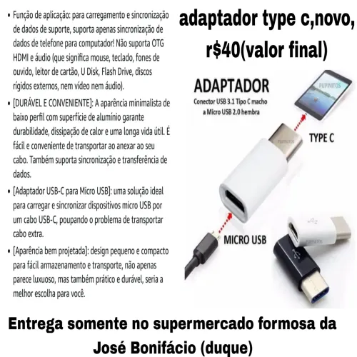 Adaptador micro usb V8 para tipo c macho novo r$40