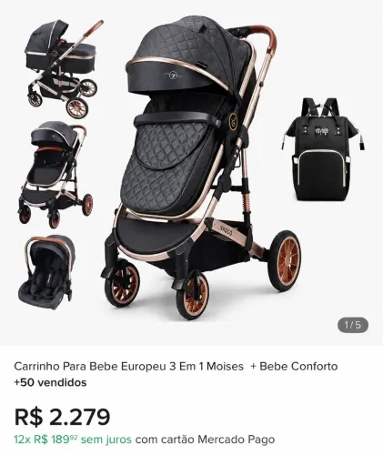 Carrinho de Bebê Vasco Premium 3 em 1 - Excelente Estado