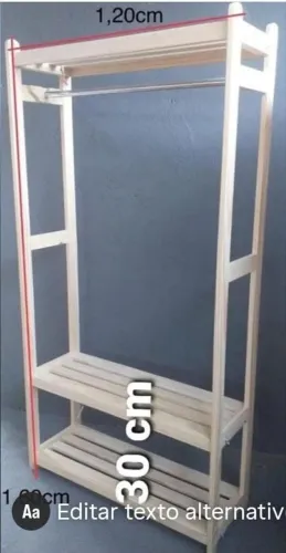 2 Araras de roupa c prateleira e 1 arara p vestido, em madeira desmontável e envernizada