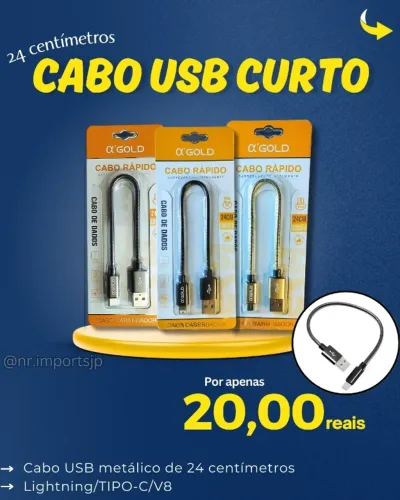 Cabo USB curto (24 cm) metálico 