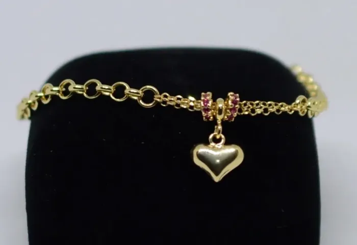 Pulseira portuguesa ouro 18k 19cm com pingente de coração.