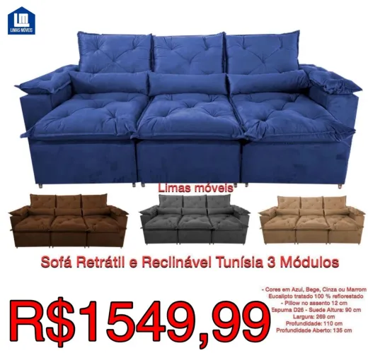 Sofá Retrátil e Reclinável Tunísia 3 Módulos