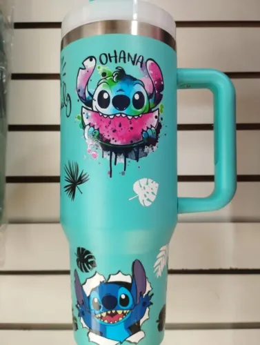 Copo Térmico Personalizado Stitch - OHANA - Azul com Alça