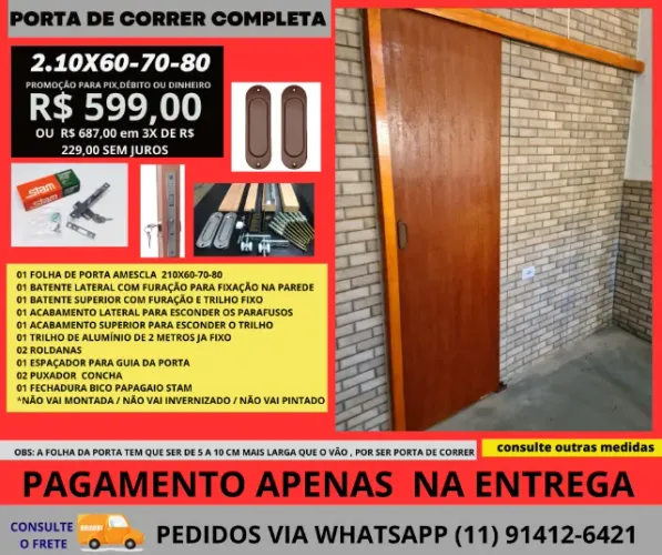 Kit Porta De Madeira  correr 210x72cm Batente 04cm mod 8pl