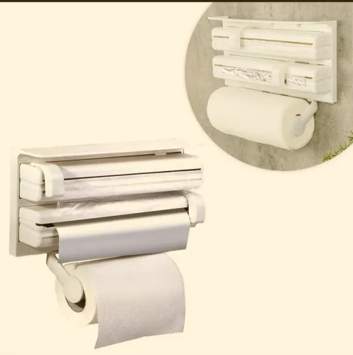 Porta Papel Toalha Triplo Para Rolos Alumínio Parede Suporte Plástico Cozinha Filme