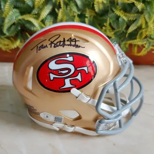 Tom Rathman mini capacete autografado NFL San Francisco 49ers com certificado Beckett