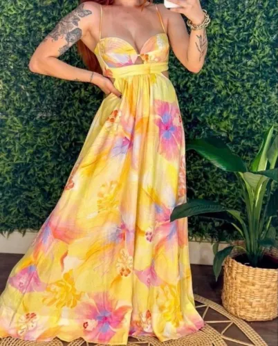 vestido longo farm estampado caribe g