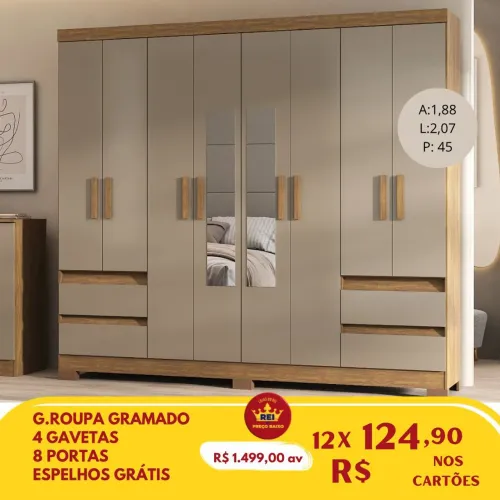 PROMOÇÃO URGENTE - Guarda-Roupa CASAL Gigante 8 PORTAS Gramado por apenas 12x R$124,90