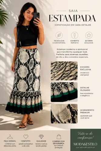 Saia Midi Estampa Cobra Animal Print Com Barra Plissada