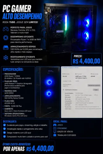 PC Gamer Ryzen 7 Completo | Ideal para Jogos, Streaming e Trabalho