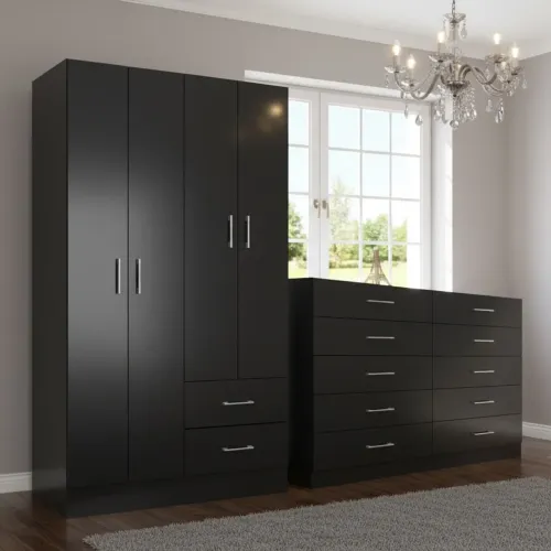 Guarda-Roupa 4 Portas Panamá 4002 + Cômoda 10 Gavetas Caribe Preto / entrega hoje