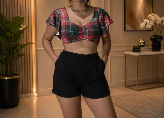 Short social e cropped quadriculado.
