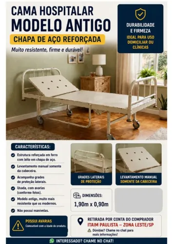 Cama Hospitalar Usada em Perfeito estado Modelo Antigo - Chapa de Aço Reforçada