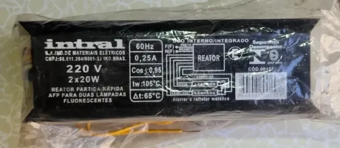 Reator Partida Rápida para 2 Lâmpadas Fluorescentes de 20W - 220V - Intral