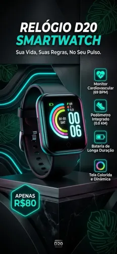 Smartwatch D20 Preto - Monitoramento Fit e Notificações (NOVO na Caixa!)