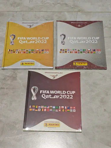 Kit com 3 álbuns capa dura lacrados - Copa do Mundo 2022 bordô, prata e dourado