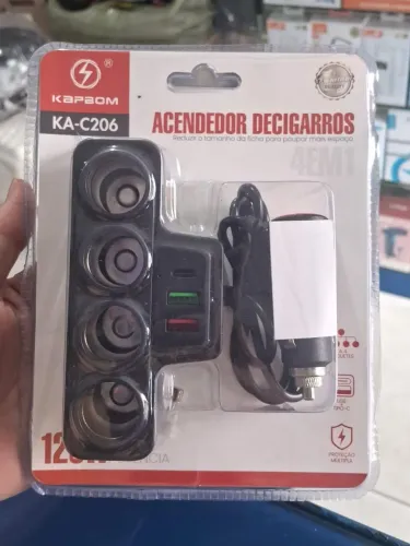 Acendedor de cigarro 4 saídas 2 usb 1 tipo c 120w Kapbom KA-C206