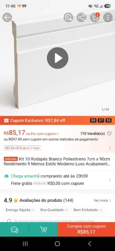 Kit rodapé 15 barras de 90 cm