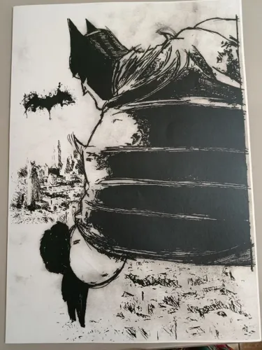Arte imagem do Batman em preto e branco, luz e sombra. Foi Feito na hora no CCXP. Lindo!
