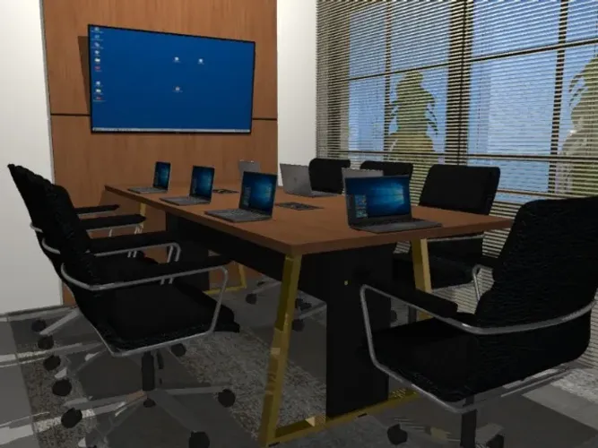 Mesa de Reunião Trapeze Gold. Com Painel e Cxs. de Tomadas. L272cm x P130cm x A74cm