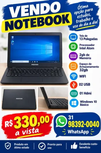 Notebook positivo Intel atom memoria 2gb casa loja informática computador escritório