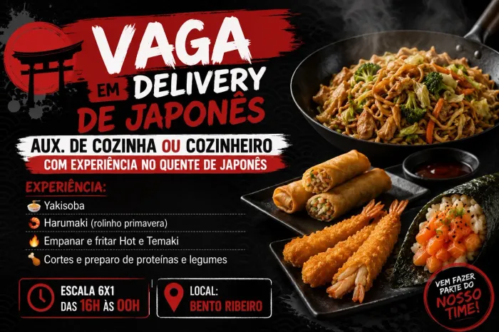 VAGA Aux. Cozinha ou Cozinheiro em JAPONÊS - Delivery Bento Ribeiro