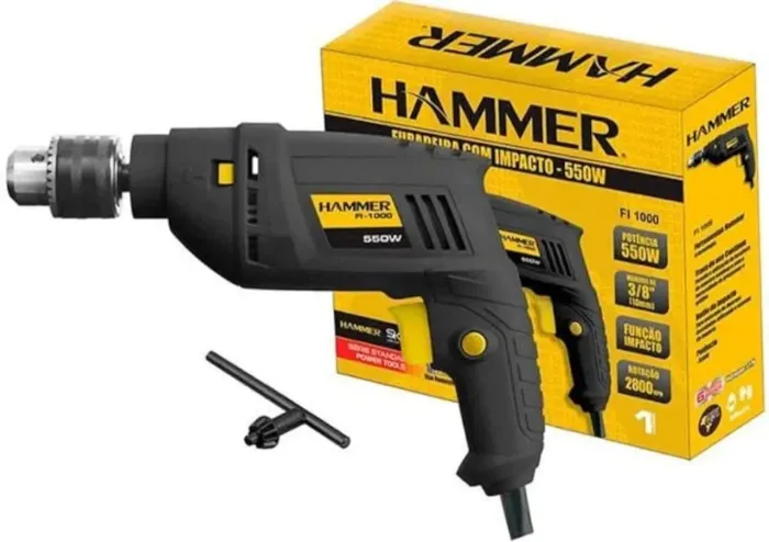 Furadeira de Impacto Mandril Hammer 3/8 Polegadas 2.800 RPM 550W Preta e Amarelo FI 1000