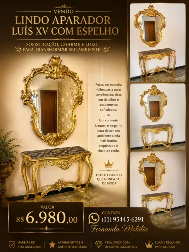 Conjunto Clássico Espelho e Aparador Luís xv Dourado