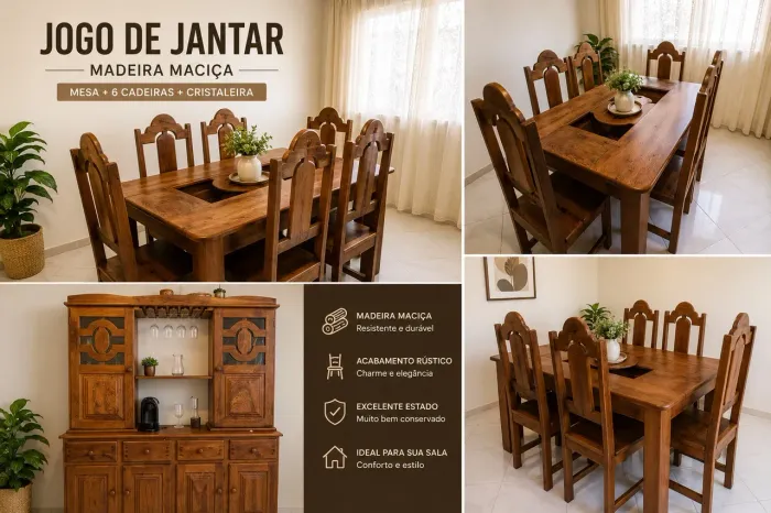 Jogo de Jantar em Madeira Maciça - Mesa 6 Cadeiras + Cristaleira