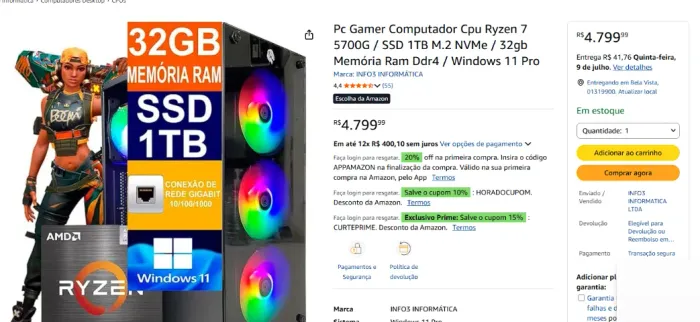 pc game por 2600 ryze 7 5700g 32gb ram dd4 1tb ssd windows 11 fonte 700w 80 plus