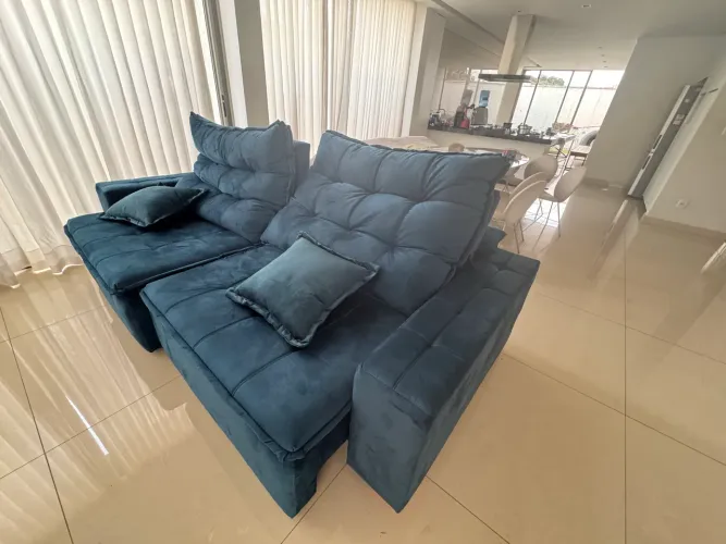 Sofá Retrátil reclinável 2,40m Veludo Azul Velut Blue