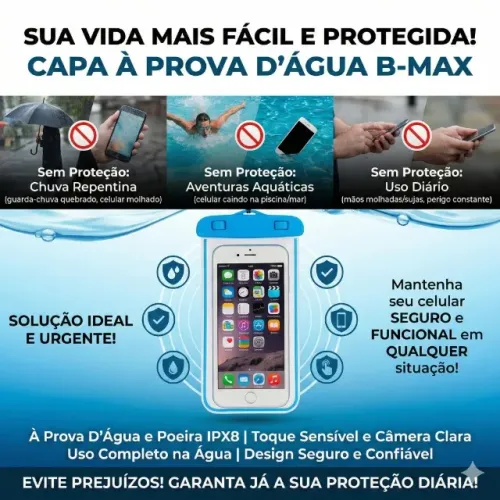 Capa Prova D'Agua Protetora Para Celular B-Max Transparente, Proteção Contra Água, Poeira.