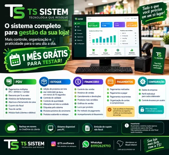 Sistema completo para sua loja ? PDV + Estoque + Financeiro + Pagamentos ? 1 mês grátis