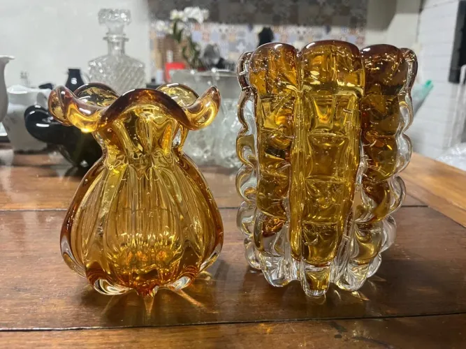 Conjunto de Vasos em Vidro Âmbar Estilo Murano - 2 Peças Decorativas