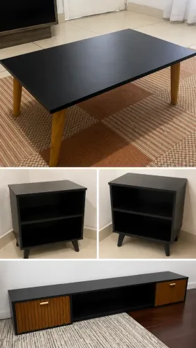 Rack com mesa de centro e dois criado mudo