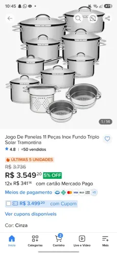 JOGO DE PANELAS TRAMONTINA 11 peças, fundo inox 