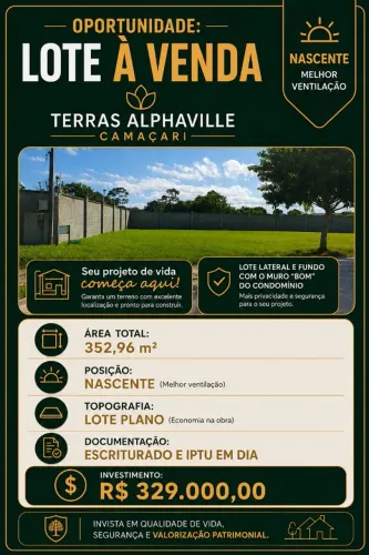 Terreno de 352,96m2 à venda no Condomínio Terras Alphaville Camaçari-BA