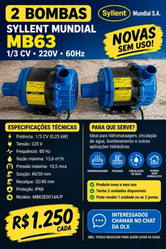 PARA OLX 2 Bombas Syllent Mundial MB63 1/3 CV 220V - NOVAS
