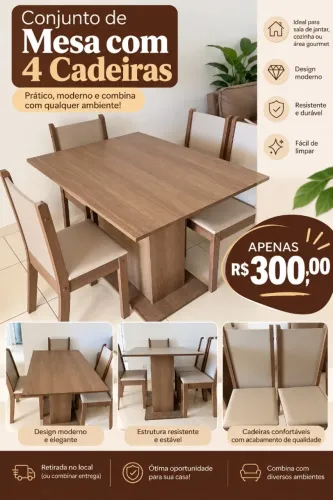 Sala De Jantar Madesa Talita Mesa Tampo Madeira 4 Cadeiras Cor Rustic/Crema/Pérola Desenho