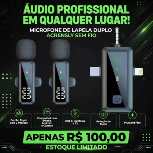Microfone de Lapela Duplo Sem Fio para iPhone e Android Combo Para 2 Pessoas USB-C