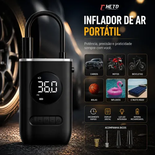 Compressor De Ar Portátil Digital Recarregável Para Carro E Moto