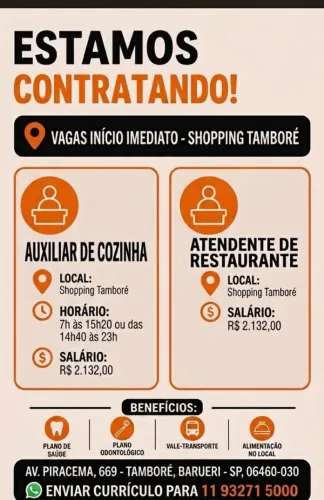 VAGAS INÍCIO IMEDIATO SHOPPING TAMBORÉ BARUERI/SP