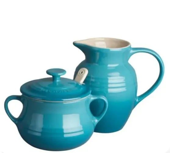 Raridade!!! Kit Breakfast Açucareiro e Jarra Azul Caribe Le Creuset